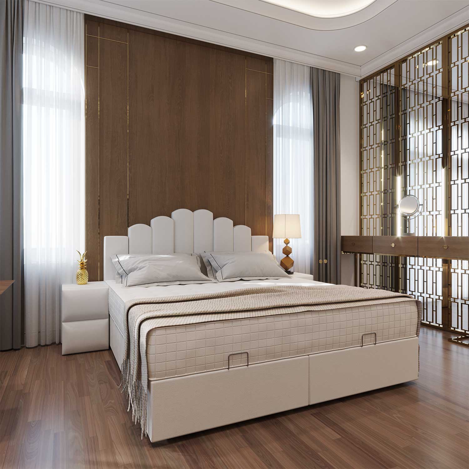 Luxe handgemaakte boxspring van Matex Bedding in een lichte slaapkamer
